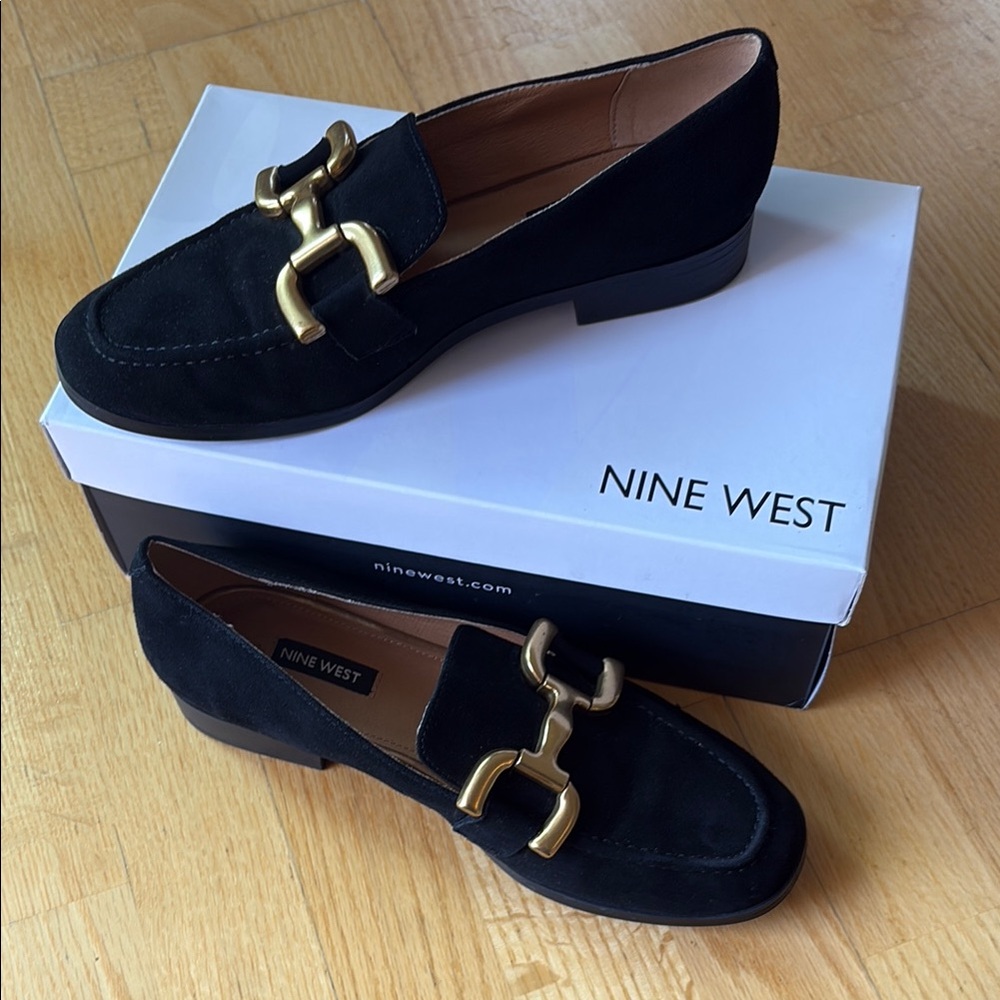 Like new. Nine West Black Loafers with Gold Accents 8M